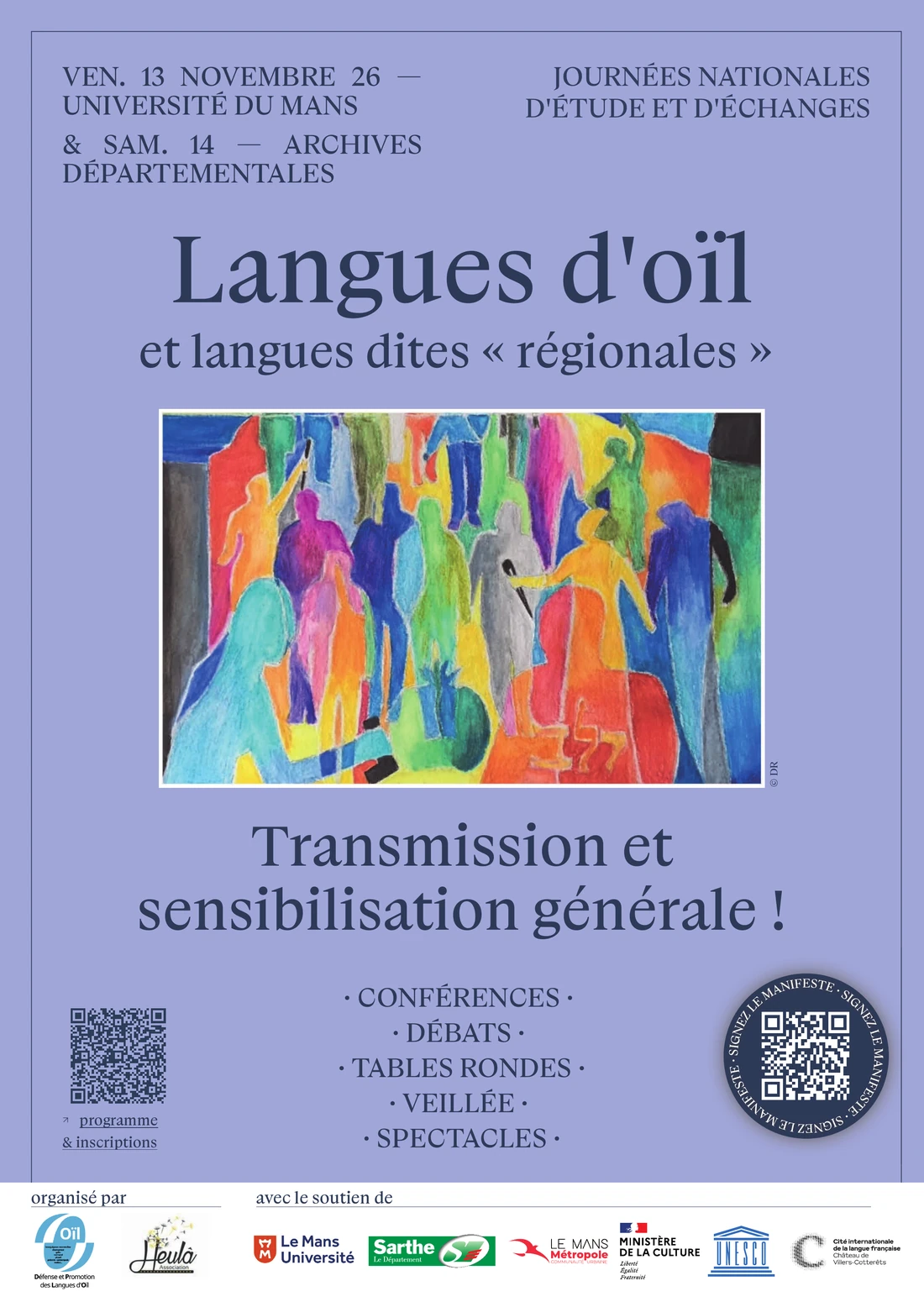 Affiche des Journées nationales d’étude et d’échanges « Langues d’oïl et langues dites régionales : transmission et sensibilisation générale ! », vendredi 13 novembre 2026 à l’Université du Mans et samedi 14 novembre aux Archives départementales de la Sarthe. Conférences, débats, tables rondes, veillée, spectacles. Illustration © DR.